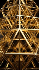 A gold pyramid framework structure, abstract background. A micro frame work of thin metal chrome structure