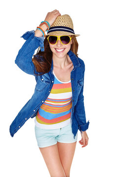 Isolated woman, sunglasses and hat for fashion, eye care or confident with excited smile by transparent png background. Student girl, model and happy in summer, lens or frame with clothes on vacation