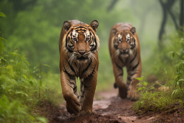 Male tigers in the Indian jungle during monsoon season - obrazy, fototapety, plakaty