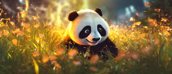 The light shines on a cute panda sitting happily in the bamboo forest and grass at night 2