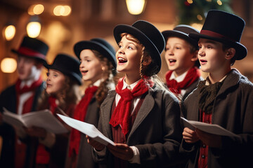 eenagers Carolers singing traditional songs in charming old town square