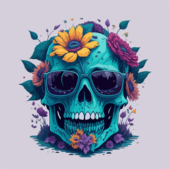 Elevate your fashion game with this trendy t-shirt design, showcasing a smart skull with sunglasses surrounded by intricate floral accents.