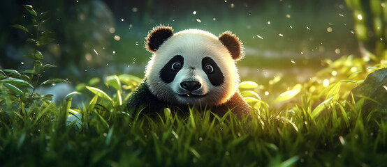 The light shines on a cute panda sitting happily in the bamboo forest and grass at night 3 - obrazy, fototapety, plakaty