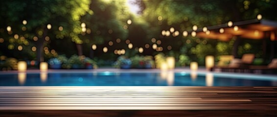 Sunny serenity. Empty wooden table by poolside in summer. Nature rest. Tabletop by pool perfect for relaxation. Bright against backdrop - obrazy, fototapety, plakaty