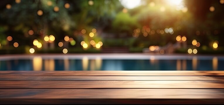 Sunny serenity. Empty wooden table by poolside in summer. Nature rest. Tabletop by pool perfect for relaxation. Bright against backdrop