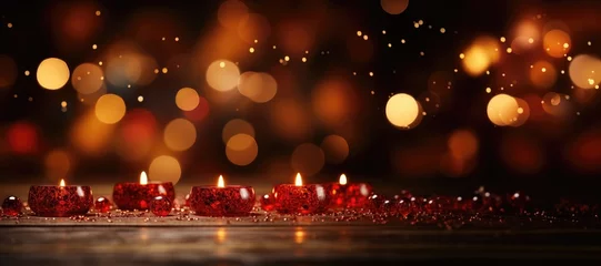 Fotobehang A wide-format festive background image perfect for creative content, radiating a celebratory mood with the warm glow of candlelights, setting a joyful atmosphere. Photorealistic illustration © DIMENSIONS