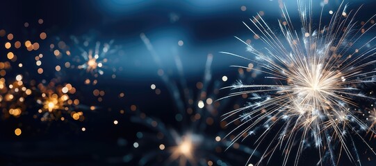 Naklejka premium A wide-format festive background image, perfect for creative content with a celebration theme, featuring fireworks and offering space for customization. Photorealistic illustration
