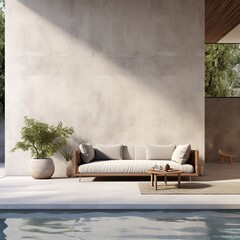 backyard with a pool and a light concrete wall