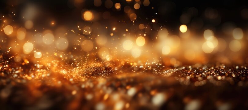 A wide-format festive background image for creative content, radiating a celebratory mood with golden powder being blown, offering a canvas for your projects. Photorealistic illustration