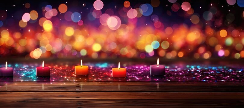 A wide-format festive background image designed for creative content, celebrating a special occasion with candlelights, setting a warm and joyous atmosphere. Photorealistic illustration