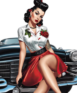 Retro charm: Rockabilly woman clipart png vintage pin-up girl clipart 1950s old fashioned woman rock and roll Tattooed Lady fashion style