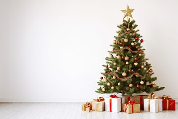 Fototapeta na wymiar Festive elegance. Beautifully decorated christmas tree in bright room. Seasonal splendor. Classic holiday decor illuminated