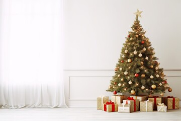 Festive elegance. Beautifully decorated christmas tree in bright room. Seasonal splendor. Classic holiday decor illuminated