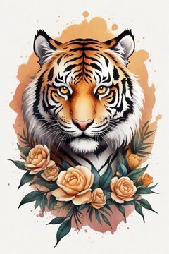 A detailed illustration of tiger head, splash, print, t-shirt design.