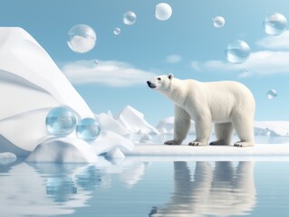 Polar bear, fantastic blue bubbles, icy colors, snow accents, ocean.