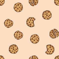 Seamless pattern of tasty cookies with chocolate chips. Design elements for print, wrapping paper, fabric or textile. Flat vector illustration.