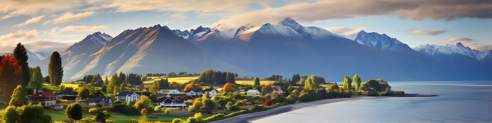 Newzeland village landscape nature background - obrazy, fototapety, plakaty