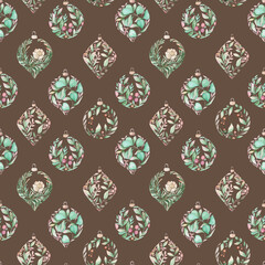 Seamless pattern with watercolor Christmas ornaments