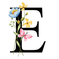 Letter E with watercolor flowers and leaf. Floral alphabet, wedding monogram, initials perfectly for invitations, greeting card, logo, poster and other design. Hand drawing.