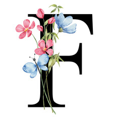 Letter F with watercolor flowers and leaf. Floral alphabet, wedding monogram, initials perfectly for invitations, greeting card, logo, poster and other design. Hand drawing.