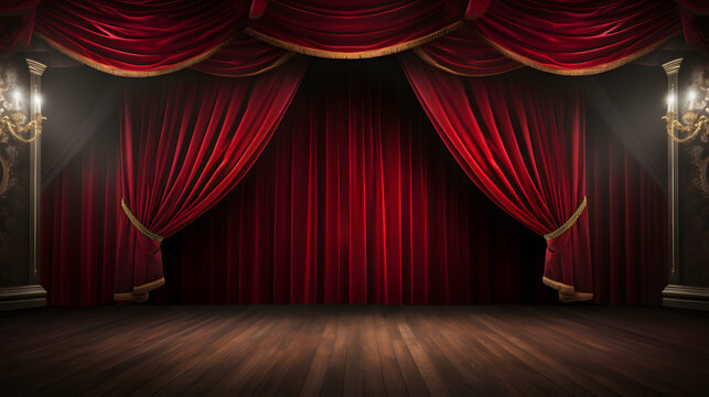 Theater stage with red curtain and wooden floor