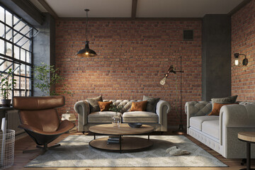 Industrial brick living room interior design. Loft Apartment with modern furniture and hardwood flooring, 3d render 