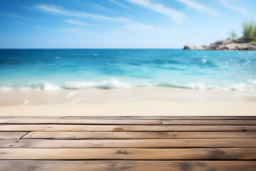 Fototapeta premium Empty wooden table light brown wood texture Blurred background, sea view and beach
