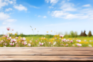 Empty wooden table light brown wood texture Blurred background, natural view Flower garden and blurred mountains