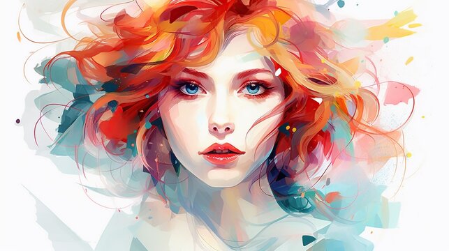 Beautiful woman face pop art drawing in watercolor. AI generated image