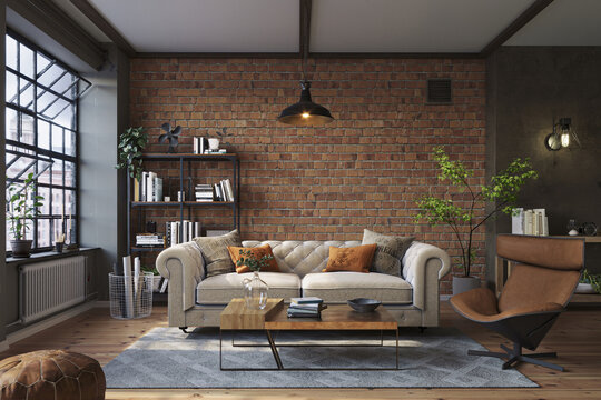 Industrial brick living room interior design. Loft Apartment with modern furniture and hardwood flooring, 3d render © Василь Чейпеш