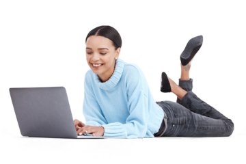 Laptop, relax and woman typing online for website on isolated, png and transparent background. Student, digital learning and happy female person on computer for research, project and browse internet