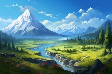 Obraz premium Fantasy landscape with mountains, hills, lake, meadow and sun. Anime style illustration