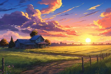 Fantasy landscape with mountains, hills, lake, meadow and sun. Anime style illustration