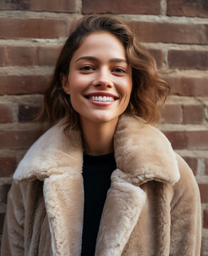 Portrait photograph of a beautiful brunette woman smiling in a tan shearling fur coat against a brick wall close up
