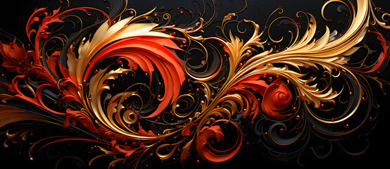 Red and gold dust splashes on black background 2