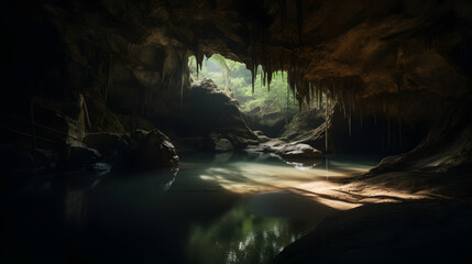 Cavern with an underground river. Sunlight filters through openings in the cave ceiling, highlighting visible vegetation within the dark confines.