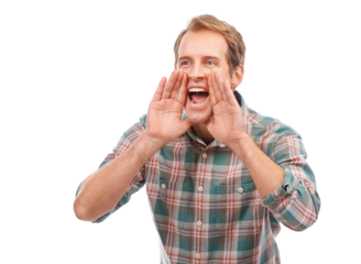 Shouting, promo and man with news, sale or information on isolated, transparent and png background. Noise, announcement and male screaming sign up, coming soon or discount deal, competition or how to