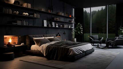 Black monochrome bedroom. Minimalism.