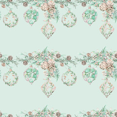 Seamless pattern with watercolor Christmas ornaments