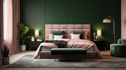 Pink and dark green bedroom. Minimalism.