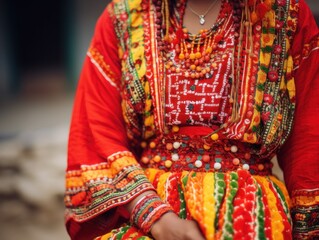Fototapeta premium Traditional dress from Himachal Pradesh, with vibrant colors and patterns. Without a face.