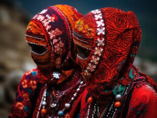 Two women in a bright outfit. Covered heads, hijab. A traditional dress from Himachal Pradesh, with vibrant colors and patterns