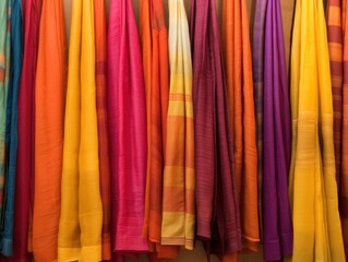 A collection of bright and colorful Indian fabrics that hang on hangers. Textile shop.