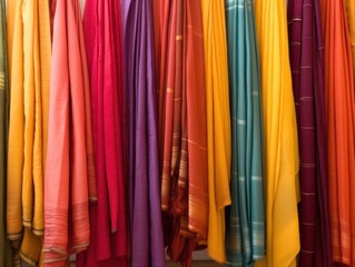 A collection of bright and colorful Indian fabrics that hang on hangers. Textile shop.