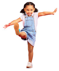 Kick legs, youth and girl with a smile, motion and happy childhood isolated against a transparent...