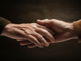 Two hands of elderly people. Handshake. Warm brown color on the background.