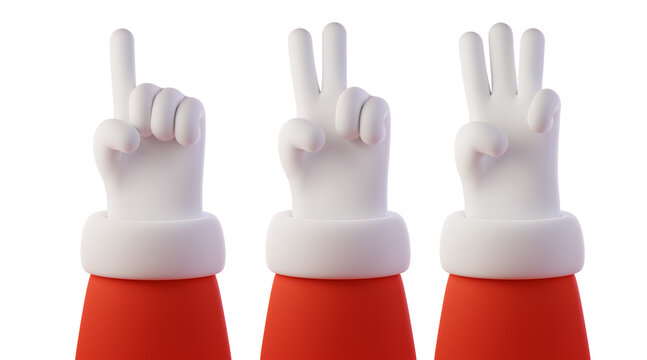 3d Santa Claus Hands show fingers, counting from one to three isolated on white background. Christmas set of counting hands. Hands gesture numbers. 3d render illustration