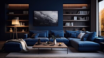 Dark Blue monochrome living room. Interior design