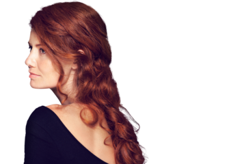 Beauty, hair and profile of ginger woman with curls on isolated, png and transparent background. Salon, haircare and face of redhead female model with healthy texture, natural hairstyle and cosmetics