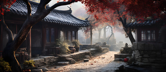 Rural landscape with an ancient Chinese hut 12